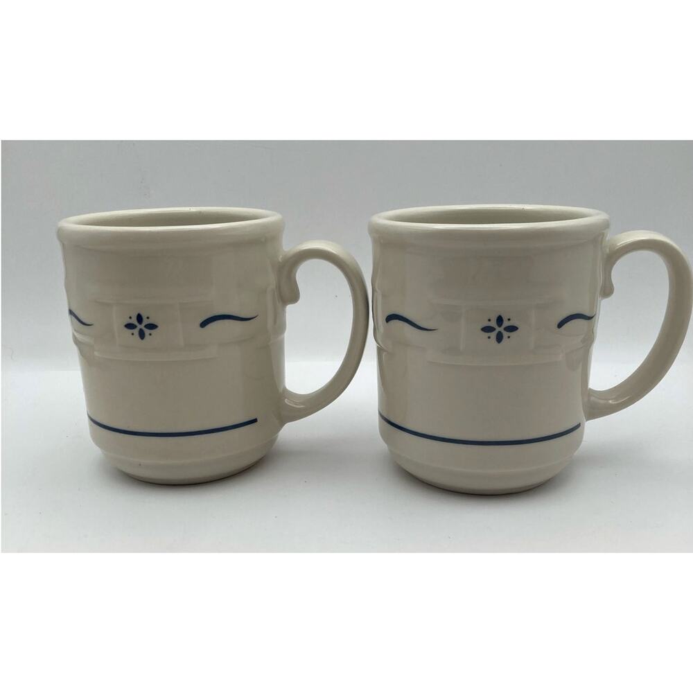Longaberger Woven Traditions Heritage Blue Pottery 4" Tall Mug Set 2 - 12oz